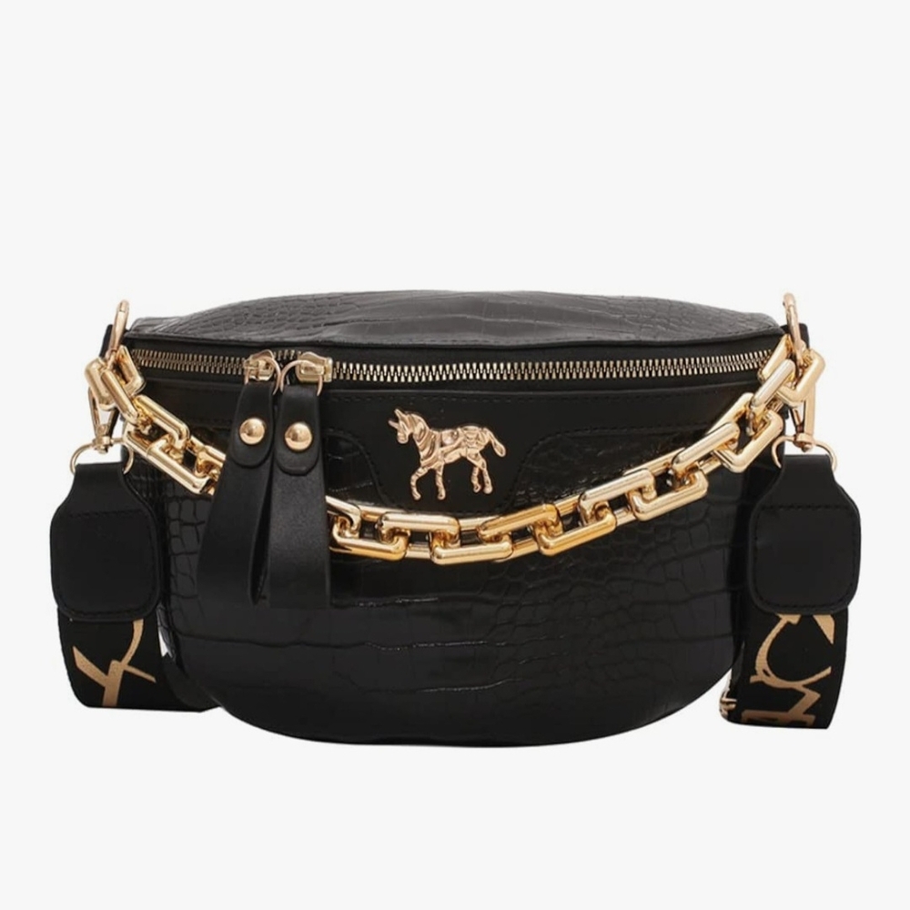Croc-Embossed Crossbody Bag/Fanny Pack with Gold Chain